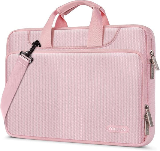 MOSISO 360 Protective Laptop Shoulder Bag Compatible with MacBook Air/Pro, 13-13.3 inch Notebook, Compatible with MacBook Pro 14 inch M5 M4 M3 M2 M1,Matching Color Sleeve with Belt, Pink