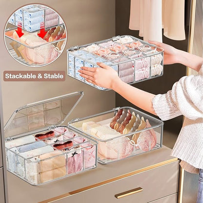 DILIBRA 2pcs Socks Bra Underwear Organizer for Closet, 16 Compartment Removable Divided Plastic Sock Storage Box with Lid, Clear Dresser Drawer Organizer Storage Container for Bra Socks Ties Scarf