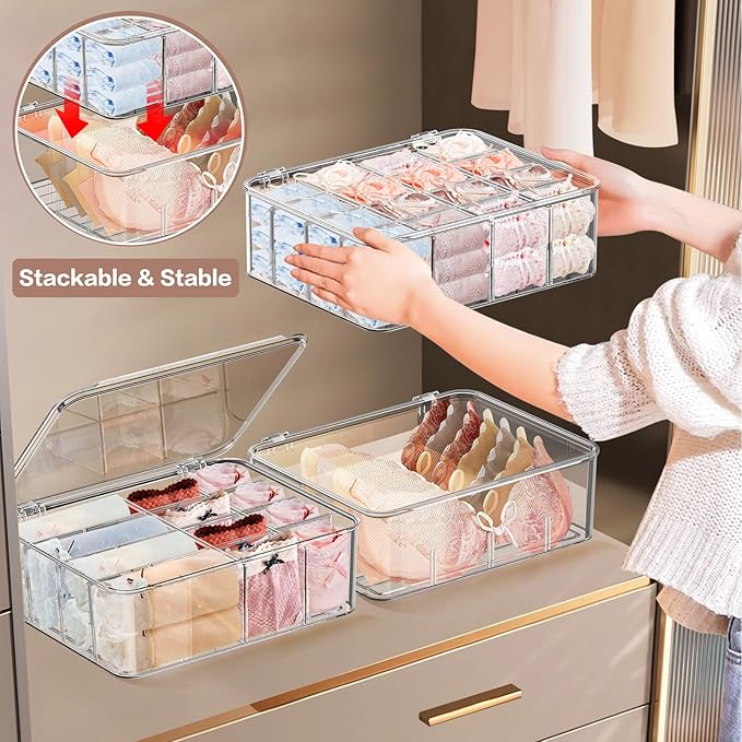 DILIBRA Socks Underwear Drawer Organizer for Closet, 16 Compartment Removable Divided Plastic Clear Sock Storage Box with Lid, Underwear Organizer Storage Container for Bra Socks Ties Scarf