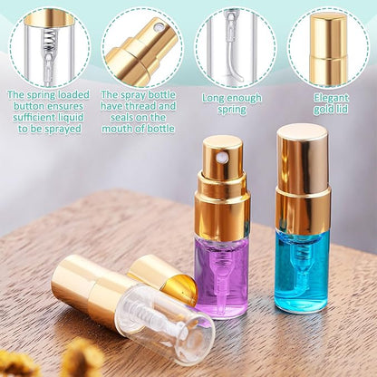 Zhehao 100 Pcs Mini Spray Bottles 2 ml Clear Glass Perfume Bottles Refillable Fine Mist Perfume Atomizer Portable Empty Sample Containers for Cleaning, Essential Oils, Travel (Gold Cap)
