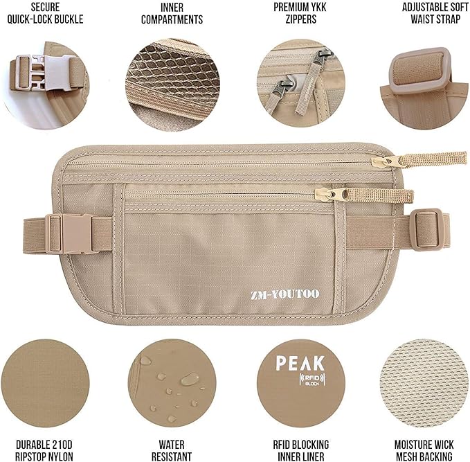 Money Belt for Travel - Hidden Travel Pouch Protect Your Credit and Money With RFID Blocking Passport Holder Waist Wallet (Khaki)