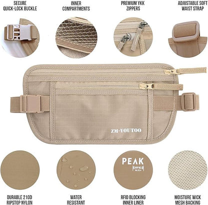 Money Belt for Travel - Hidden Travel Pouch Protect Your Credit and Money With RFID Blocking Passport Holder Waist Wallet (Khaki)