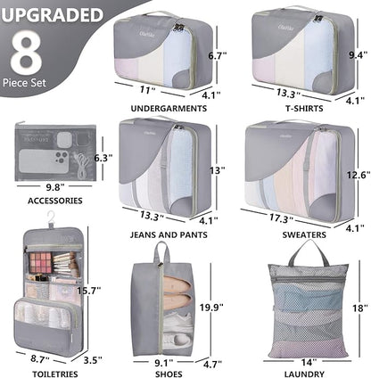 8 Set Packing Cubes for Travel, Anti-Tearing Suitcase Organizer for Luggage with Shoe & Hanging Toiletry Bag,Gifts for Women Mom,OlarHike Vacation Essentials & Accessories for Cruise Ship,Ash