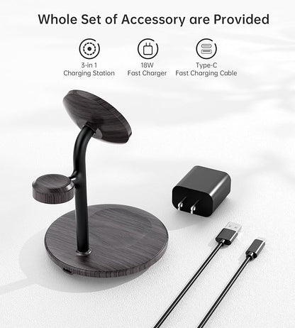 XooFly 3 in 1 Wireless Charging Station for Apple Devices, Fast Wireless Mag-Safe Charger Stand with 20W Adapter for iPhone 17/16 15 14 13 12 Pro Max/Pro/Plus/Air/Mini,iWatch,AirPods(Black Wood Grain)