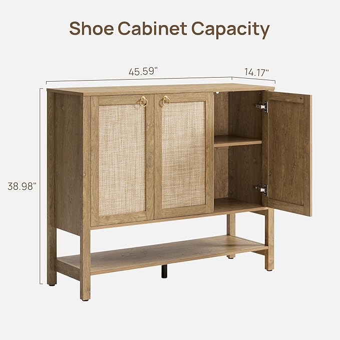 SICOTAS Rattan Shoe Cabinet for Entryway - 2 Pieces Large Boho Shoe Storage Organizer with Adjustable Shelves & 3 Doors, Tall Shoe Rack Cabinet for Hallway, Living Room (Carbon Cherry)