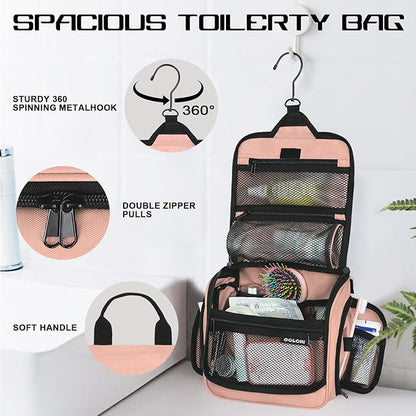 Goloni Hanging Toiletry Bag with Hook, Large Makeup Bag Travel Organizer, Water-Resistant Hanging Cosmetic Bag with 10 Compartments for Women & Men,Pink