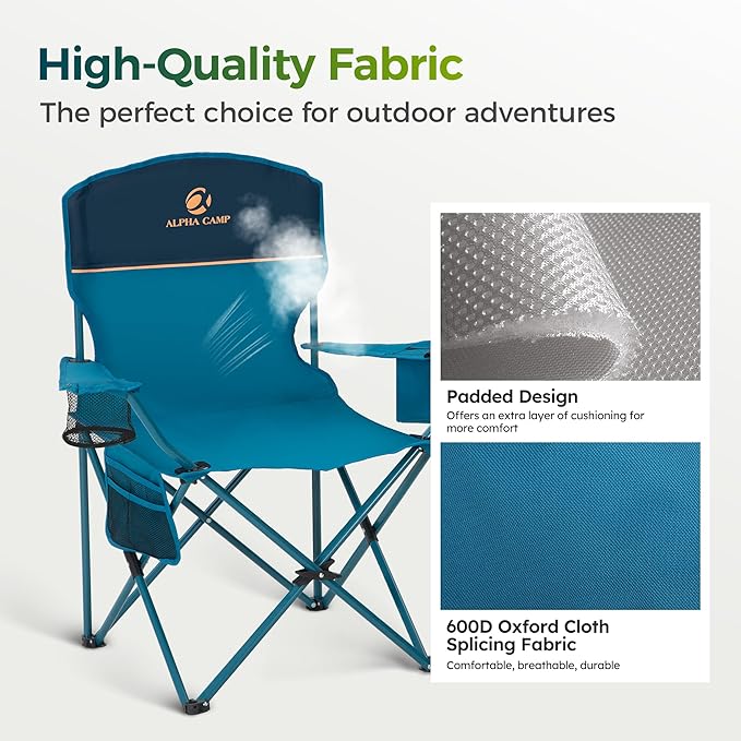 ALPHA CAMP Folding Camping Chairs for Adults Lawn Chairs Outdoor Chairs Support 250 LBS Portable Camp Chairs with Cup Holders Cooler Pouch for Outdoor, 2 Pack
