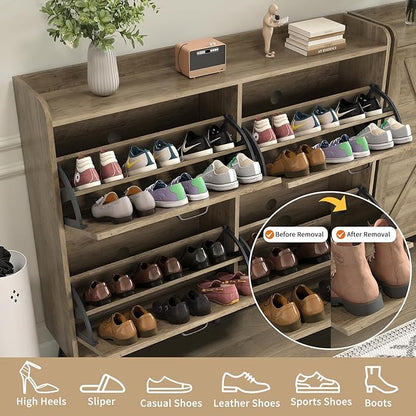 Shoe Cabinet with 4 Flip Drawers, Farmhouse Shoe Cabinet Storage for Entryway Slim, Freestanding Shoe Organizer Hidden Shoe Rack Cabinet with Wooden Legs, Rustic Oak