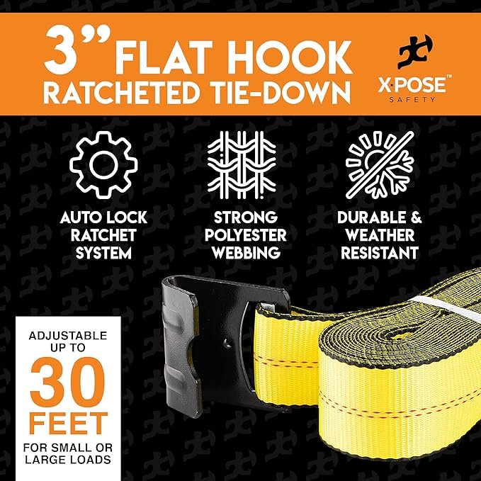 Ratchet Straps Heavy Duty 3" x 30' – 16,200 lbs Break Strength Tie Down Straps with Flat Hooks, Ratcheting Cargo Straps for Truck, Trailer, Kayak, Motorcycle & Moving – 4 Pack