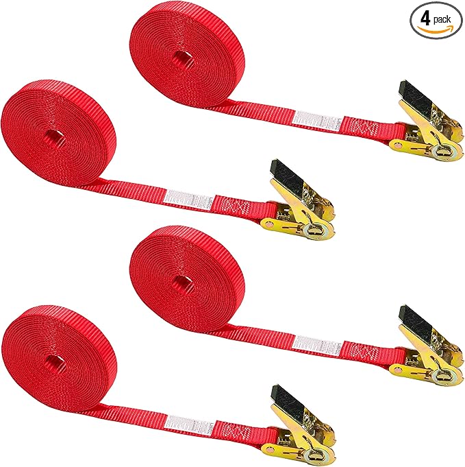 US Cargo Control Endless Ratchet Straps, 1 Inch Wide X 20 Foot Long Open End Ratchet Strap, Red Endless Ratchet Strap Tie Downs with Many Uses, Perfect Small Cargo Straps with Ratchet, 4 Pack