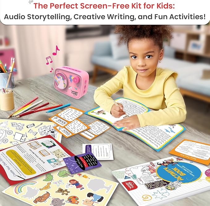WonderBuddy Kids Story Box Audio Player, 500+ Preloaded Stories & Rhymes with Storybook DIY Art Kit, Voice Recorder, Content Upgrade, Bluetooth, Birthday Gift for Girls 3+ Years- Unicorn