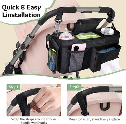 INFANZIA Universal Stroller Organizer with Insulated Cup Holders, Adjustable Stroller Caddy with Phone Bag & Shoulder Strap, Baby Stroller Accessories Fits for Uppababy, Doona, Jogger, Britax (Black)