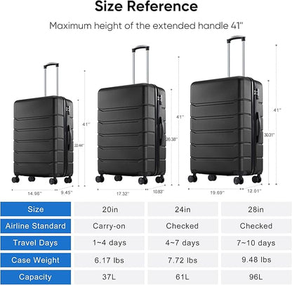 OLIXIS 3-Piece Luggage Set, 20/24/28 Inch Hardside Suitcases with Spinner Wheels, Lightweight ABS Hard Shell Travel Luggage, TSA Approved Lock, Expandable Carry-On & Checked Luggage–Black