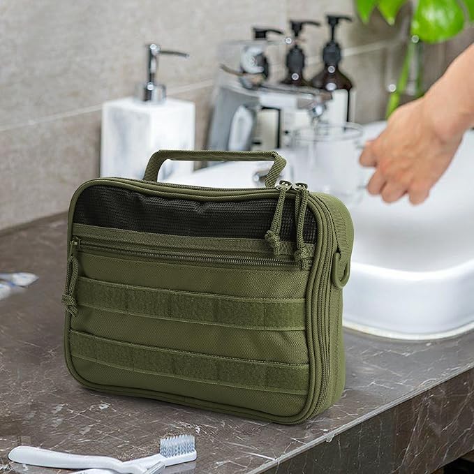 Tactical Toiletry Bag for Men, Travel Hanging Toiletry Bags, Toiletries Organizer Dopp Kit, Travel Cosmetic Bag,Shaving Hygiene Bag, Bathroom Essentials Men's Toiletry Bag for Camping - Army Green