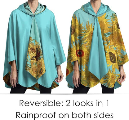 RainCaper van Gogh Sunflowers Womens Rain Cape Poncho with Hood Reversible