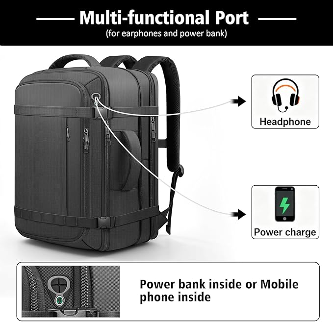 Travel Backpack, 40-50L Expandable Carry On Backpack with Cable Access Port Fits 17.3 Inch Laptop Bag,Water Resistant Weekender Bag Men Women for Business Trips, College,Hiking,Daily Commuting,Black