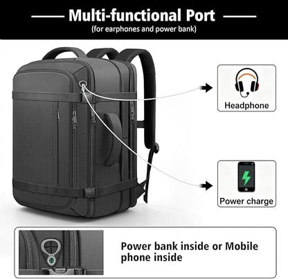 Travel Backpack, 40-50L Expandable Carry On Backpack with Cable Access Port Fits 17.3 Inch Laptop Bag,Water Resistant Weekender Bag Men Women for Business Trips, College,Hiking,Daily Commuting,Black