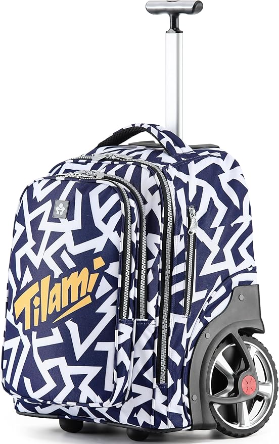 NEW TILAMI 20" Rolling Backpack for Teens Adults, Climbing Stairs Waterproof Backpack with Wheels for School Business Trave Camping with Laptop Compartment, Fit 17 Inch Laptop, Blue - White Doodle