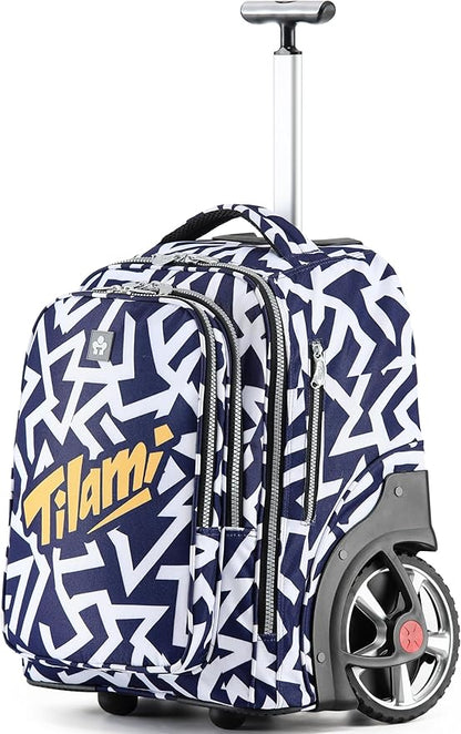 NEW TILAMI 20" Rolling Backpack for Teens Adults, Climbing Stairs Waterproof Backpack with Wheels for School Business Trave Camping with Laptop Compartment, Fit 17 Inch Laptop, Blue - White Doodle