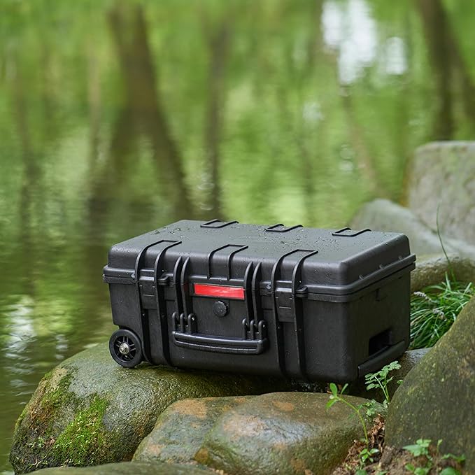 Amazon Basics Hard Camera Case with Wheels, Large, Black, Solid, 22"L x 14"W x 9.8"H