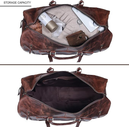 24 Inch Genuine Leather Duffle Bag for Men Travel Overnight Weekender Leather Duffel Bags Sports Gym Duffel for Men and Women Carry On Luggage for Traveling