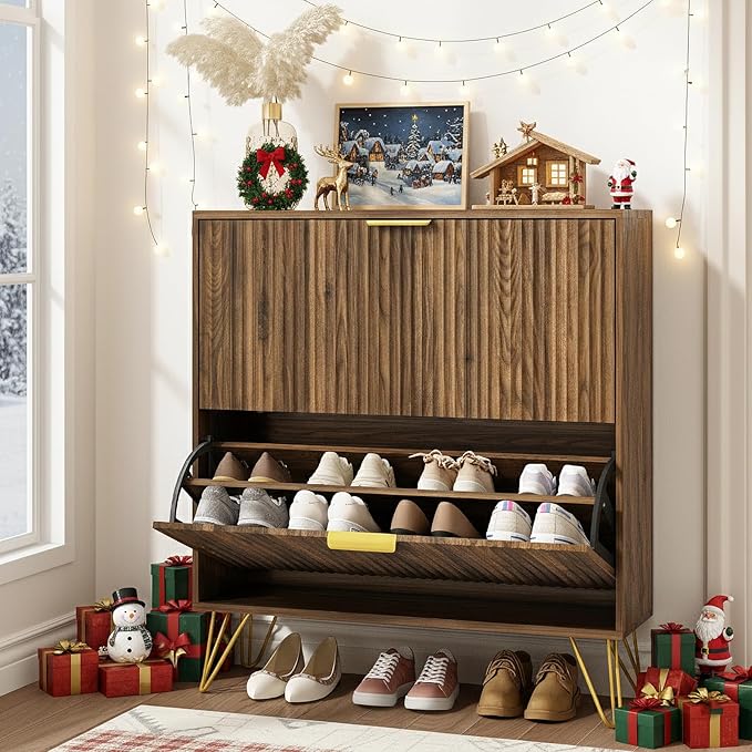 Shoe Cabinet with 2 Flip Drawers Walnut, Fluted Shoe Cabinet Storage for Entryway Slim, Mid Century Narrow Shoe Organizer, Modern Freestanding Shoes Rack for Entryway, Walnut