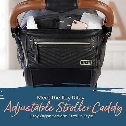 Itzy Ritzy Adjustable Stroller Caddy / Organizer - Stroller Organizer Bag Featuring Front Zippered Pocket, 2 Built-In Interior Pockets & Straps to Fit Nearly Any Model (Black with Gold Hardware)