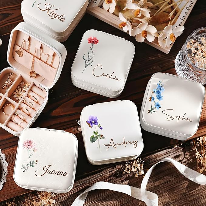 DayOfShe Personalized Travel Jewelry Box with Name and Birth Flower,Stocking Stuffers for Women Girls,Custom Small Travel Jewelry Case Bridesmaid Proposal Gifts