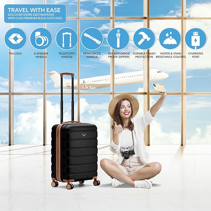 Flight Knight 24x16x10 Expandable Carry On Suitcase Hardside TSA Lock USB C Lightweight Luggage Silent Double Spinner Wheels Maximum Overhead Carry-On Bag For Virgin & South West Approved Airlines