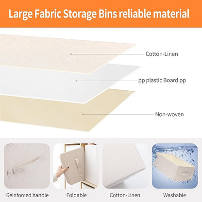 Linen Folding Storage Bins, 3 Pack Large Storage Baskets, Washable, Clothing Storage Bins with Handle, Closet Organizer for Storage Sweater,Sheets(Beige, 18½"x13½"x8½")