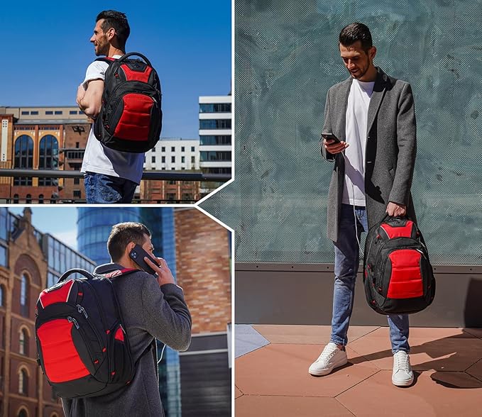 Swissdigital Design Men's Laptop Backpack for College and Business Travel with Integrated USB Charging Port and RFID Protection Fits 15.6" Laptops Black/Red | J14-41