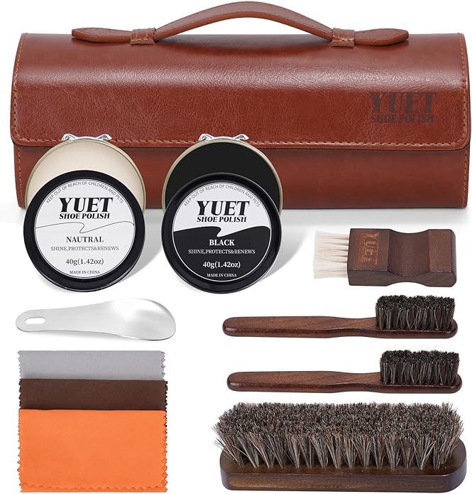 YUET 11PCS Professional Shoe Care Kit, Leather Shoe Shine Polish Brush Set for Boots, Dress Shoes - All-in-One Waterproofing & Cleaning w/Travel Case