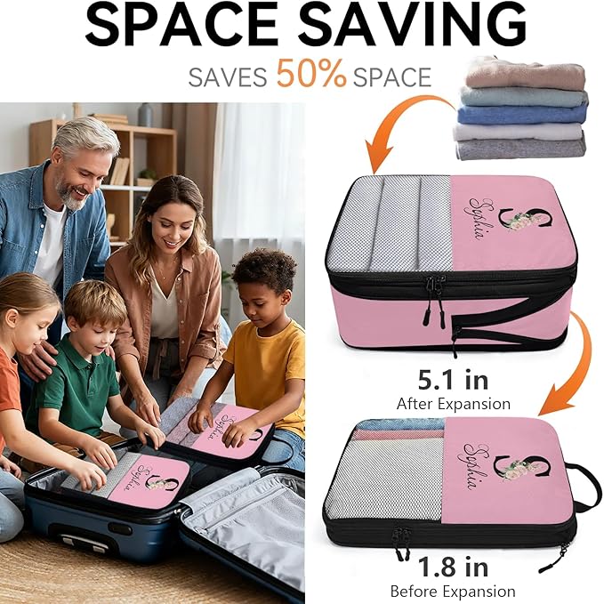 Custom Name 6 Set Compression Packing Cubes for Travel Accessories Customized Expandable Packing Organizers Personalized Carry On Essentials Luggage Bags, Initial