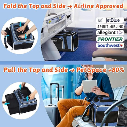Petskd Top and Side Expandable Pet Carrier 17x12x8.5 Inches JetBlue Frontier Spirit Airline Approved, Soft-Sided Carrier for Small Cats and Dogs with Locking Safety Zippers and Anti-Scratch Mesh(Blue)