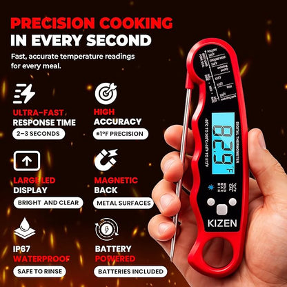 KIZEN Instant Read Meat Thermometer Digital - Food Thermometer for Cooking, Grill, Oven, BBQ - IP67 Rated Waterproof - Large Backlit Display and Magnetic Back