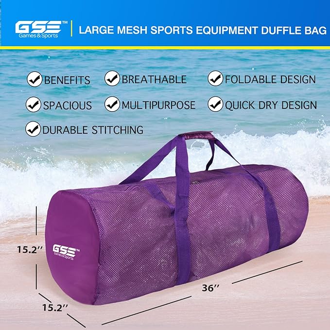 Purple Heavy-Duty Large Mesh Sports Duffle Bag, Dry Bag, Diving Equipment Scuba Bag with Zipper. Great for Gym Workout, Sport Balls Storage, Scuba Gear, Snorkeling, Water Sports and Travel