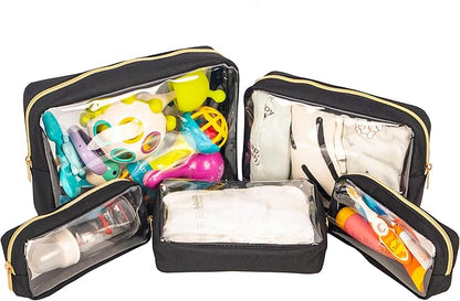 TSA Approved 5-Piece Diaper Bag Organizer Pouch Set Clear Waterproof TPU Kids Toiletry Storage Set Travel Packing Clutch Cube Bags for Baby Nursing