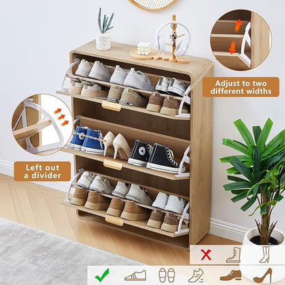 Hidden Shoe Cabinet with Drawer, Free Standing Narrow Shoe Rack Cabinet for Entryway Slim, 3 Flip Drawer Shoe Storage Organizer Cabinet for Entry,Hallway,Door,Dorm,Small Spaces - Natural