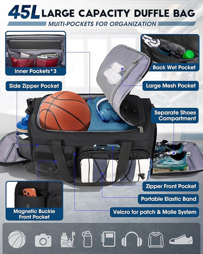 SDYSM Gym Bag for Men 45L Sports Duffel Bags 3-in-1 Travel Duffel Bag with Shoe Compartment, Gym Workout Backpack Carry On Weekender Bag Overnight Bag for Travel, Black
