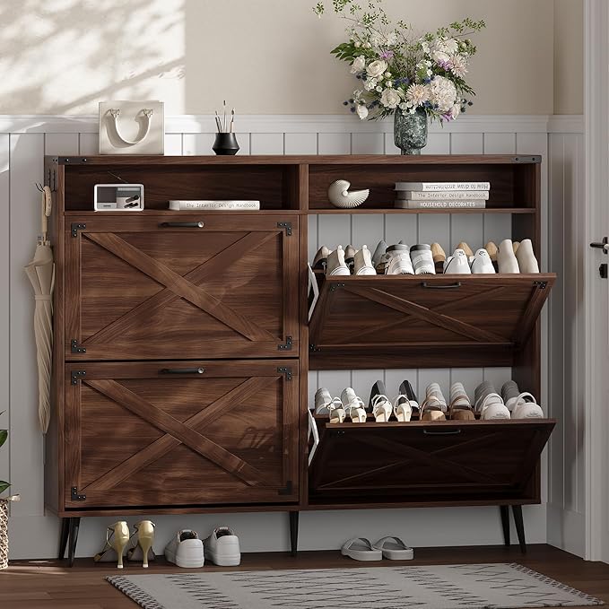 Shoe Storage Cabinet with 4 Flip Drawers Narrow Shoe Rack Cabinet Farmhouse Design Freestanding Shoe Organizer with Open Storage for Entryway,Hallway,Foyer,Walnut