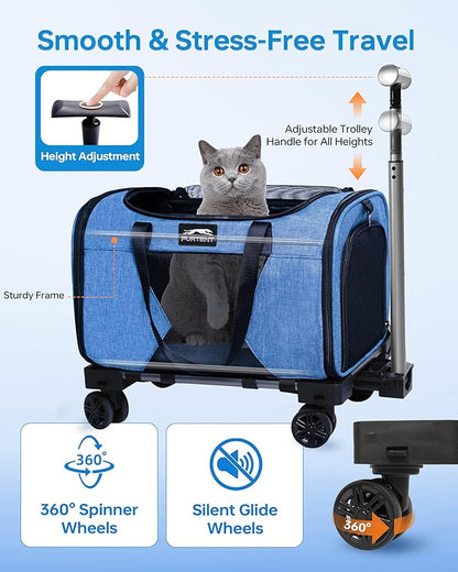 Pet Carrier with Removable Wheels American Airline Approved, Rolling Cat Carrier with Telescopic Handle and Shoulder Strap, Breathable Soft-Sided Carrier with Locking Zipper for Small Cats Dogs(Blue)