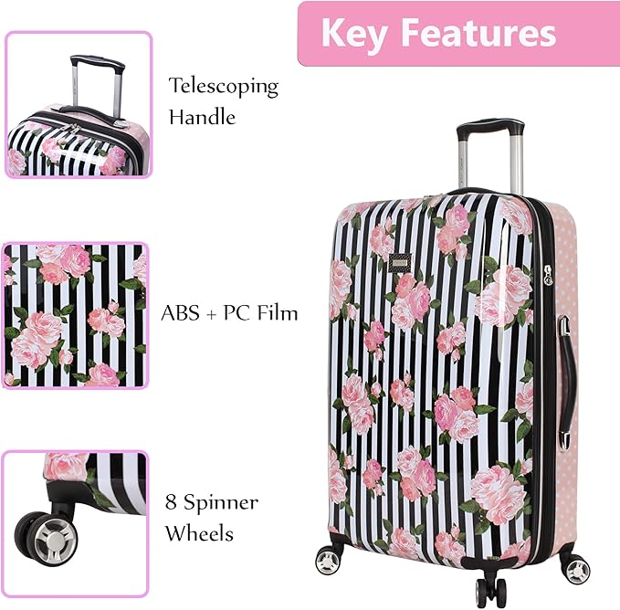 Betsey Johnson Designer Luggage Collection - Expandable 3 Piece Hardside Lightweight Spinner Suitcase Set (Stripe Roses)