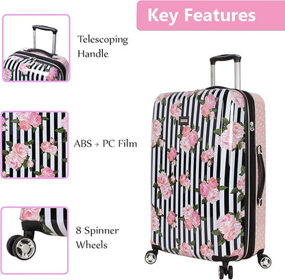 Betsey Johnson Designer Luggage Collection - Expandable 3 Piece Hardside Lightweight Spinner Suitcase Set (Stripe Roses)