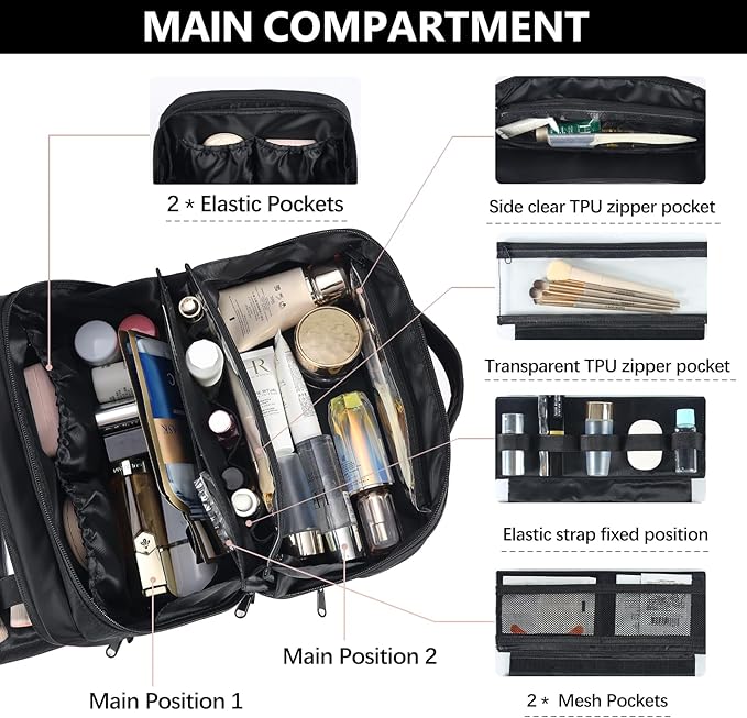 Travel Makeup Bag Large Capacity Cosmetic Organizer Bag for Women,Flat-Opening Make Up Case Travel Bag Waterproof Toiletry Bag for traveling,Toiletries,Essentials,Accessories,Black