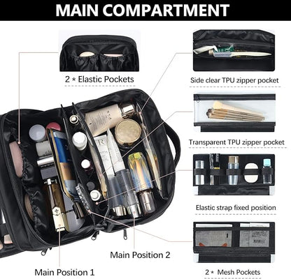 Travel Makeup Bag Large Capacity Cosmetic Organizer Bag for Women,Flat-Opening Make Up Case Travel Bag Waterproof Toiletry Bag for traveling,Toiletries,Essentials,Accessories,Black