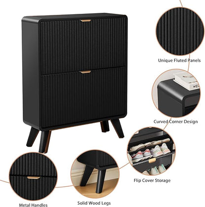 RARZOE Fluted Shoe Storage Cabinet with 2 Flip Drawers, Narrow Curved Shoe Cabinet for Entryway, Freestanding Wood Hidden Shoe Organizer Closed Shoe Rack Cabinet for Foyer, Hallway (27.5''Black)
