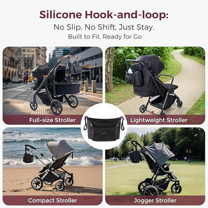 Momcozy Universal Stroller Organizer | Minimalist Caddy with 2 Insulated Bottle Holder | Silicone Anti-Slip Straps | Detachable Mini Pouch | Durable Dense-Weave, Fits for UPPAbaby/Doona & More