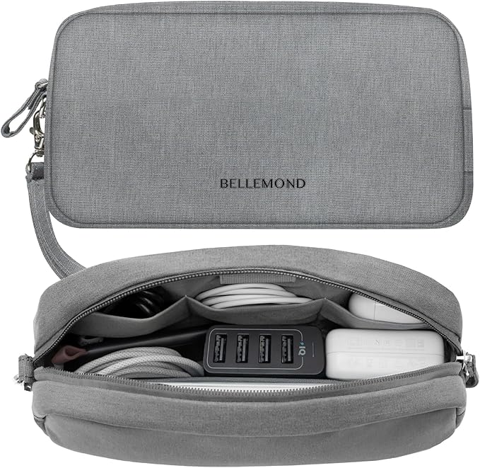BELLEMOND「Totono+」| Cord Organizer Tech Pouch | Travel Electronics Organizer Case for Cables & Chargers | Hidden AirTag Slot & Cable Pass-Through | Designed in Japan | Charcoal Gray