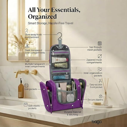 Bago Travel Toiletry Bag for Women and Men - Large Waterproof Hanging Toiletry Bag for Bathroom and Travel Bag for Toiletries Organizer (Purple)