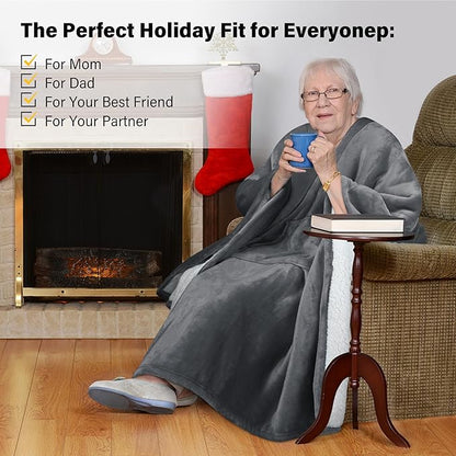 Catalonia Sherpa Wearable Poncho for Adult Women Men, Wrap Blanket Cape with Pocket, Warm, Soft, Cozy, Snuggly, Comfort Gift, No Sleeves, Grey